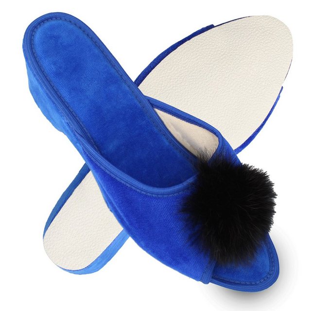 filsko Latina Elegante Samt Pantoffeln für Damen mit Puschel Hausschuh (Blau)