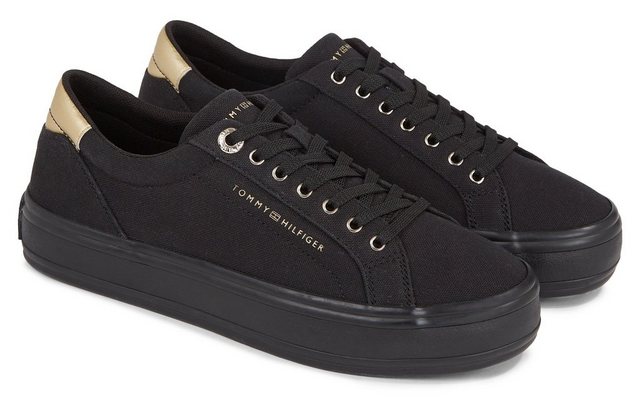 Tommy Hilfiger ESSENTIAL VULC CANVAS SNEAKER Plateausneaker Kontrastbesatz in Metallicoptik, Freizeitschuh, Halbschuh, Schnürschuh (goldfarben|schwarz)