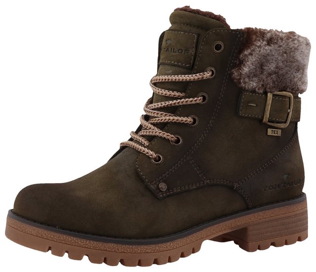 TOM TAILOR Winterboots, Blockabsatz, Schnürboots, Winterstiefelette, modische Zierschnalle (khaki)