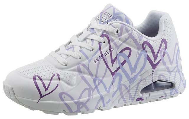 Skechers UNO-SPREAD THE LOVE Wedgesneaker mit auffälligem Graffiti-Print, Freizeitschuh, Halbschuh, Schnürschuh (weiß-lila)