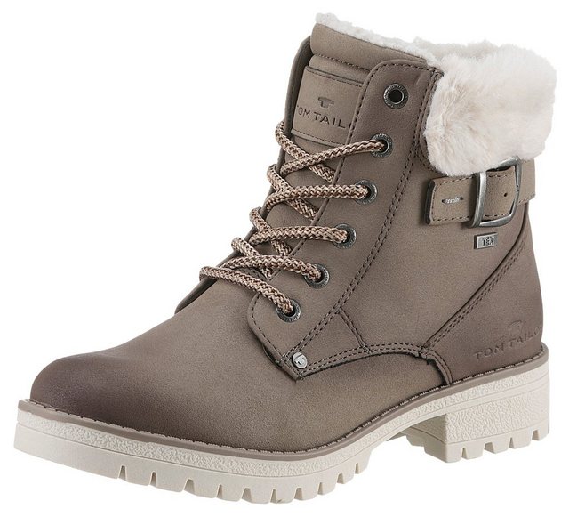 TOM TAILOR Winterboots, Blockabsatz, Schnürboots, Winterstiefelette, modische Zierschnalle (taupe used)