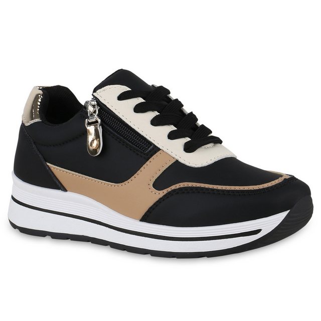 VAN HILL 841046 Wedgesneaker Schuhe (Schwarz Hellbraun Gold Metallic)