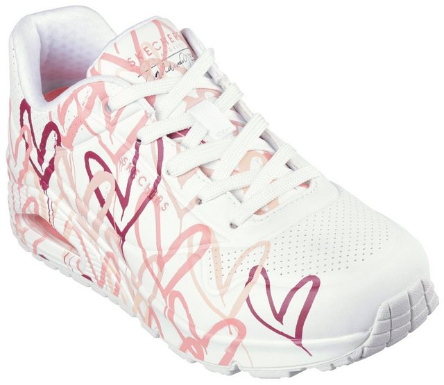 Skechers UNO-SPREAD THE LOVE Wedgesneaker mit auffälligem Graffiti-Print, Freizeitschuh, Halbschuh, Schnürschuh (weiß-rosa)