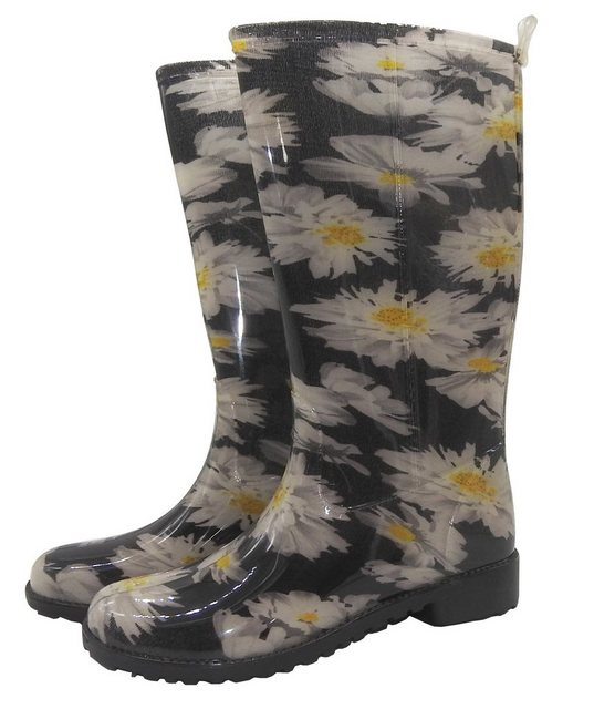 W.K. TEX GmbH Gummistiefel Damen Regenstiefel Damenstiefel Stiefel Stiefeletten Blumen geblümt bunt Motiv (schwarz)